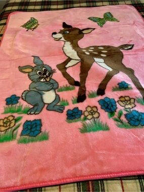 Vintage Solaron Bambi Blanket Pink Plush Mink Fleece Fawn & Bunny Thumper